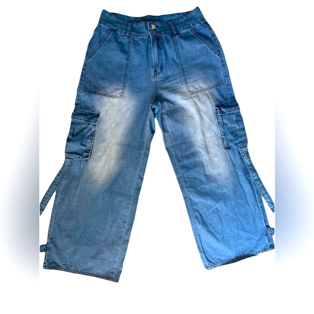 Plus High Waist Flap Pocket Side Strap Detail Cargo Jeans Blue 0XL/12